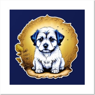 White Havanese Puppy Dog with Black Ears in a Golden Spring Setting Posters and Art